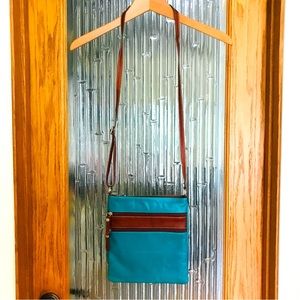 Cross Body Leather Purse Two-Toned Aqua/Brown with Zippers